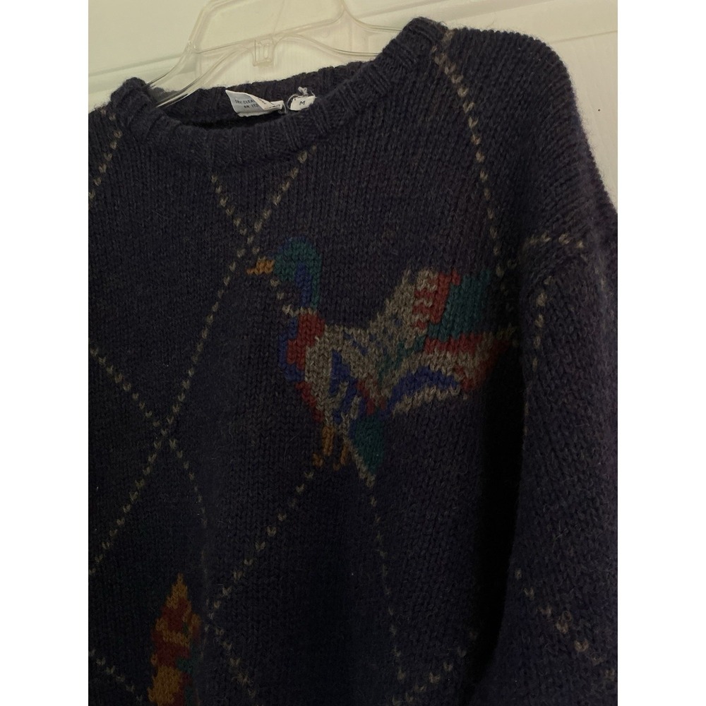 Vintage 100% Wool Argyle Sweater With Duck‎ Mallard Navy Blue Hong Kong - Picture 5 of 9